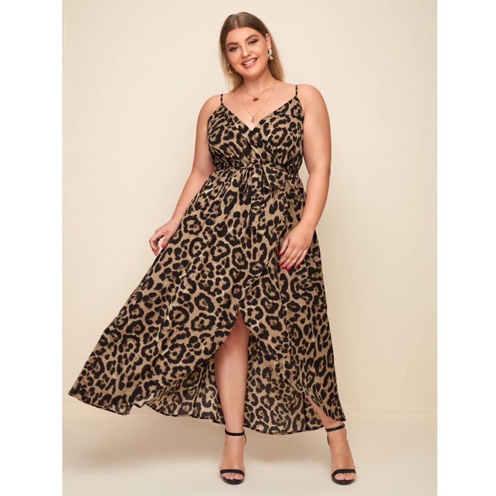 (4 Pack) PLUS Leopard Pattern Belted Wrap Dress